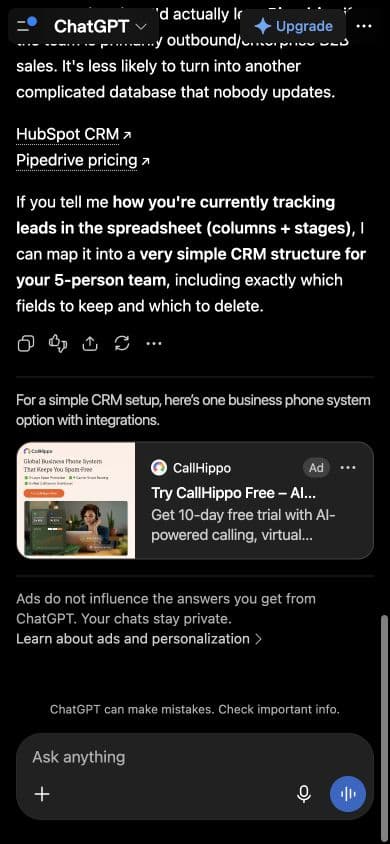ChatGPT ad from CallHippo: "Try CallHippo Free – AI Business Phone System" shown below an answer to "What is a simple CRM for a five-person B2B sales team that currently tracks leads in spreadsheets?"