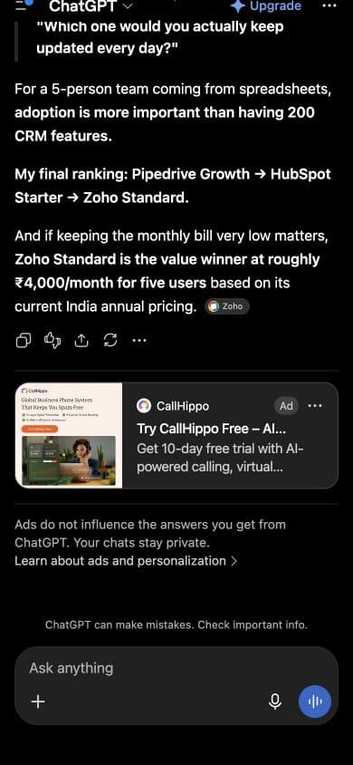 ChatGPT ad from CallHippo: "Try CallHippo Free – AI Business Phone System" shown below an answer to "Which plan should a small team start with, and what extra costs should we check before signing up?"