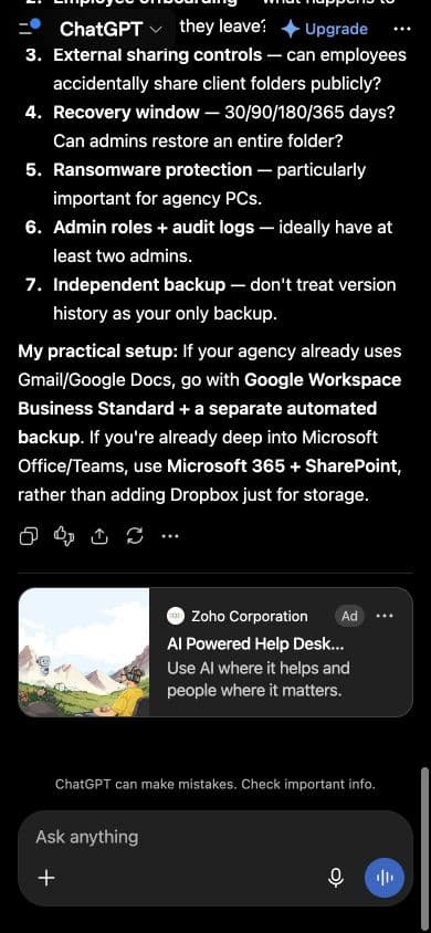ChatGPT ad from Zoho Corporation: "AI Powered Help Desk Software" shown below an answer to "I want to compare options for cloud storage with reliable backups and permissions for a 20-person agency. Which three choices offer the best value, and what trade-offs should I check?"