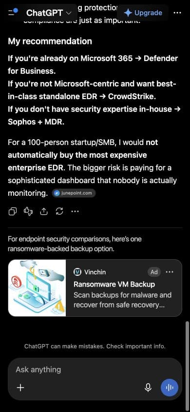 ChatGPT ad from Vinchin: "Ransomware VM Backup" shown below an answer to "I want to compare options for endpoint security for a 100-person business with remote staff. Which three choices offer the best value, and what trade-offs should I check?"