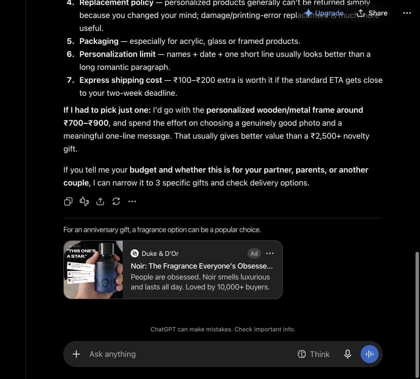ChatGPT ad from Duke & D’Or: "Noir: The Fragrance Everyone's Obsessed With" shown below an answer to "I want to compare options for a personalized anniversary gift delivered within two weeks. Which three choices offer the best value, and what trade-offs should I check?"