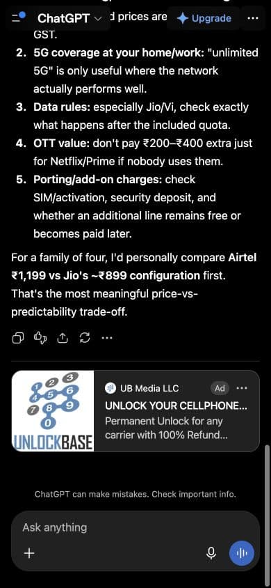 ChatGPT ad from UB Media LLC: "UNLOCK YOUR CELLPHONE FOR ANY CARRIER WORLDWIDE" shown below an answer to "I want to compare options for a family mobile plan with four lines and predictable monthly pricing. Which three choices offer the best value, and what trade-offs should I check?"