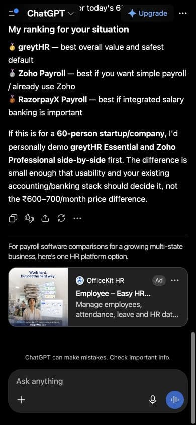 ChatGPT ad from OfficeKit HR: "Employee – Easy HR Management" shown below an answer to "I want to compare options for payroll software for a growing business with 60 staff across two states. Which three choices offer the best value, and what trade-offs should I check?"