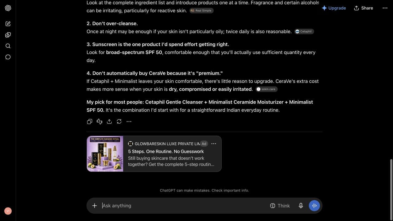 ChatGPT ad from GLOWBARESKIN LUXE PRIVATE LIMITED: "5 Steps. One Routine. No Guesswork" shown below an answer to "I want to compare options for a simple fragrance-free skincare routine for everyday use. Which three choices offer the best value, and what trade-offs should I check?"