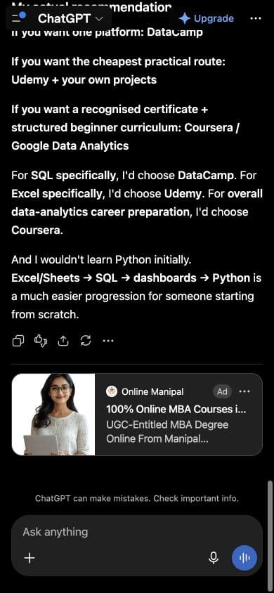 ChatGPT ad from Online Manipal: "100% Online MBA Courses in India - Online Manipal" shown below an answer to "Compare Coursera, Udemy and DataCamp for hands-on SQL and spreadsheet projects."