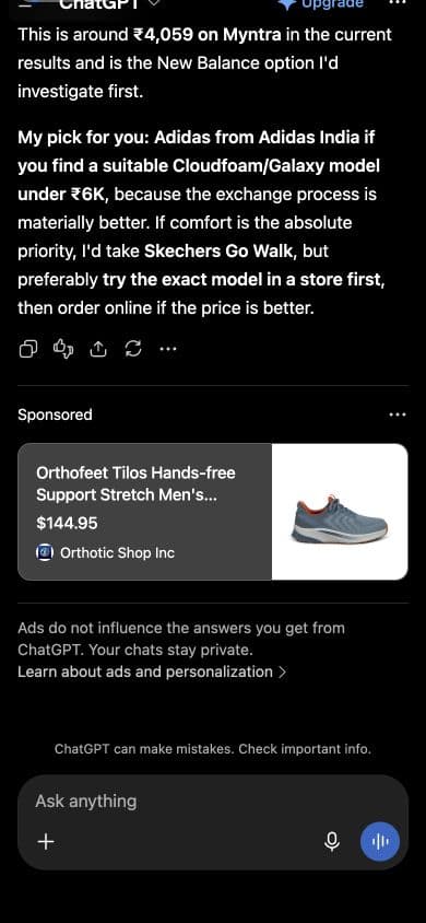 ChatGPT ad from Orthotic Shop Inc: "Orthofeet Tilos Hands-free Support Stretch Men's Sneakers Blue/orange - 7 Medium" shown below an answer to "Where should I buy them online if easy size exchanges and reliable delivery are priorities?"