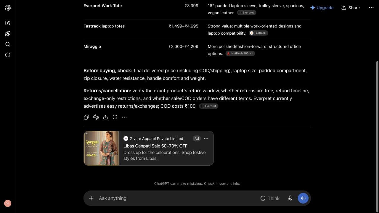 ChatGPT ad from Zivore Apparel Private Limited: "Libas Ganpati Sale 50–70% OFF" shown below an answer to "I am comparing an everyday work tote bag available in India under ₹5000. Which providers should I shortlist, and what total costs and cancellation or return terms should I check? Keep the answer under 150 words; use Indian rupees where relevant."
