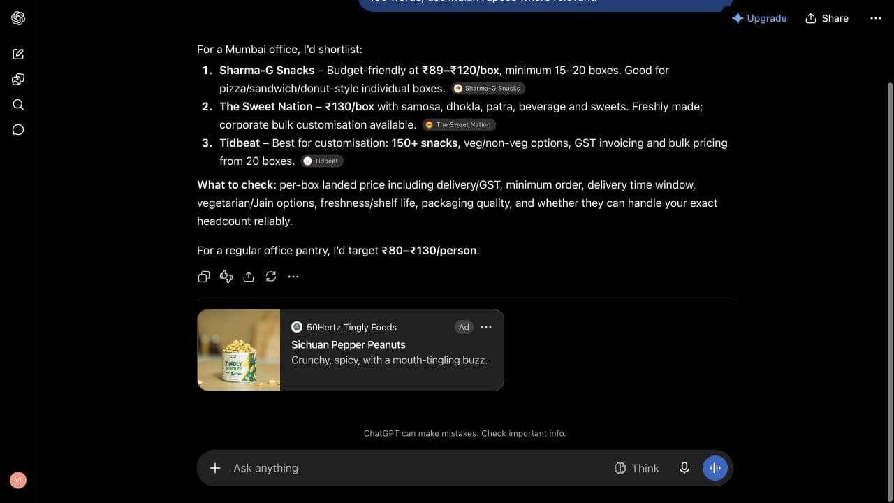 ChatGPT ad from 50Hertz Tingly Foods: "Sichuan Pepper Peanuts" shown below an answer to "I am comparing bulk snack boxes for an office in Mumbai. Suggest three suitable options and what to look for. Keep the answer under 150 words; use Indian rupees where relevant."