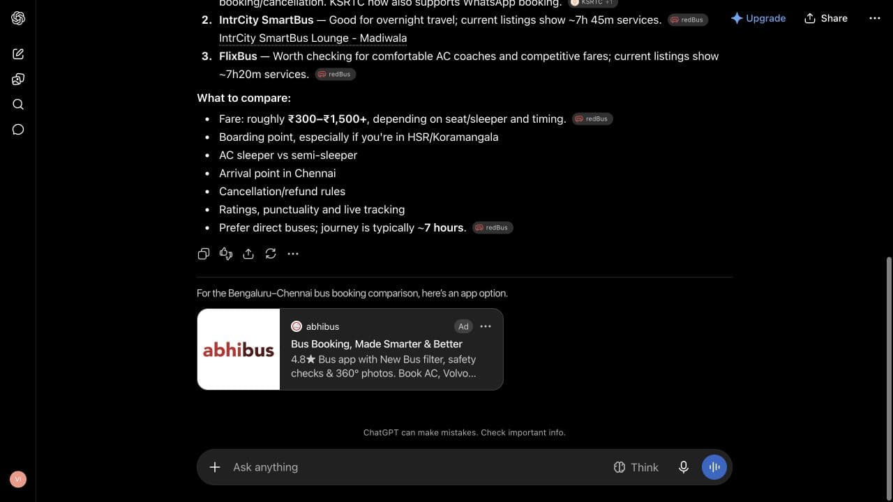 ChatGPT ad from abhibus: "Bus Booking, Made Smarter & Better" shown below an answer to "I am comparing intercity bus booking options between Bengaluru and Chennai. Suggest three suitable options and what to look for. Keep the answer under 150 words; use Indian rupees where relevant."