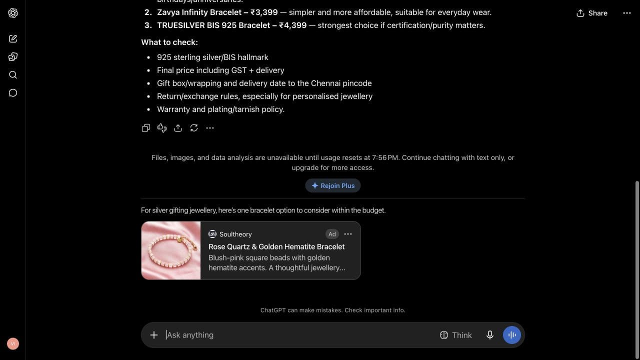 ChatGPT ad from Soultheory: "Rose Quartz & Golden Hematite Bracelet" shown below an answer to "I am comparing silver gifting jewellery delivered in Chennai under ₹7000. Suggest three suitable options and what to look for. Keep the answer under 150 words; use Indian rupees where relevant."