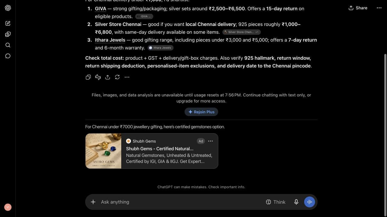 ChatGPT ad from Shubh Gems: "Shubh Gems - Certified Natural Gemstones online" shown below an answer to "I am comparing silver gifting jewellery delivered in Chennai under ₹7000. Which providers should I shortlist, and what total costs and cancellation or return terms should I check? Keep the answer under 150 words; use Indian rupees where relevant."