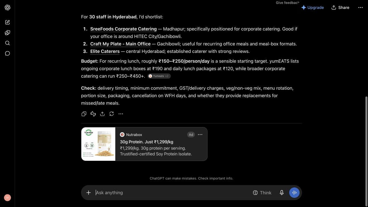 ChatGPT ad from Nutrabox: "30g Protein. Just ₹1,299/kg" shown below an answer to "I am comparing weekday lunch catering for 30 staff in Hyderabad. Suggest three suitable options and what to look for. Keep the answer under 150 words; use Indian rupees where relevant."