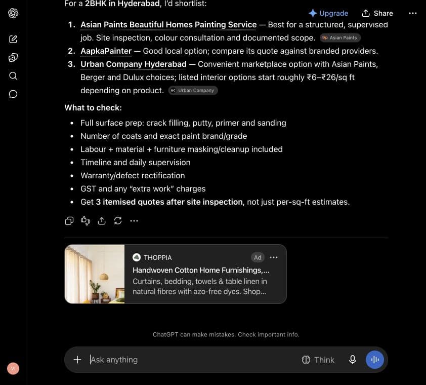 ChatGPT ad from THOPPIA: "Handwoven Cotton Home Furnishings, Made in India" shown below an answer to "I am comparing interior painting services for a two-bedroom flat in Hyderabad. Suggest three suitable options and what to look for. Keep the answer under 150 words; use Indian rupees where relevant."