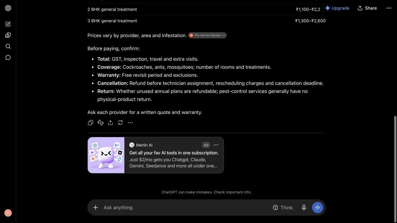 ChatGPT ad from Merlin AI: "Get all your fav AI tools in one subscription." shown below an answer to "I am comparing a general pest-control service for an apartment in Kochi. Which providers should I shortlist, and what total costs and cancellation or return terms should I check? Keep the answer under 150 words; use Indian rupees where relevant."