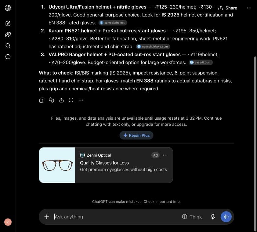 ChatGPT ad from Zenni Optical: "Quality Glasses for Less" shown below an answer to "I am comparing industrial safety helmets and work gloves for a factory in Vadodara. Suggest three suitable options and what to look for. Keep the answer under 150 words; use Indian rupees where relevant."