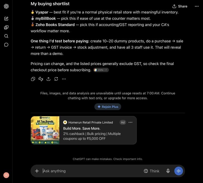 ChatGPT ad from Homerun Retail Private Limited: "Build More. Save More." shown below an answer to "I run a small retail business in Pune, India. Compare affordable GST invoicing and inventory software for 3 staff, under ₹2,000 per month. Give a short buying shortlist."