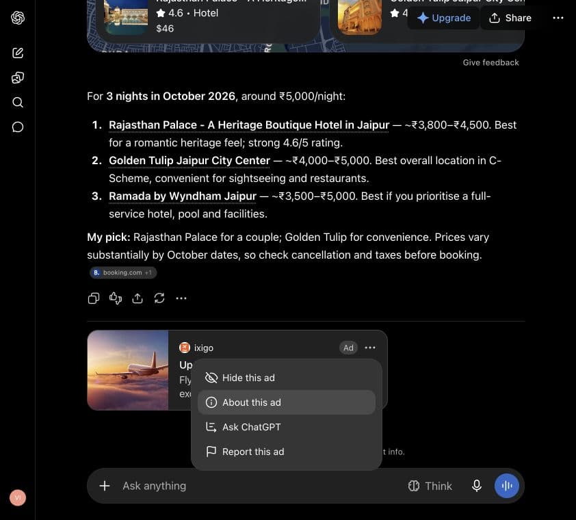 ChatGPT ad from ixigo: "Up To ₹6,000* Off on Flights" shown below an answer to "Compare three good-value hotel booking options for a couple visiting Jaipur, India for 3 nights in October, around ₹5,000 per night. Keep the shortlist under 120 words."