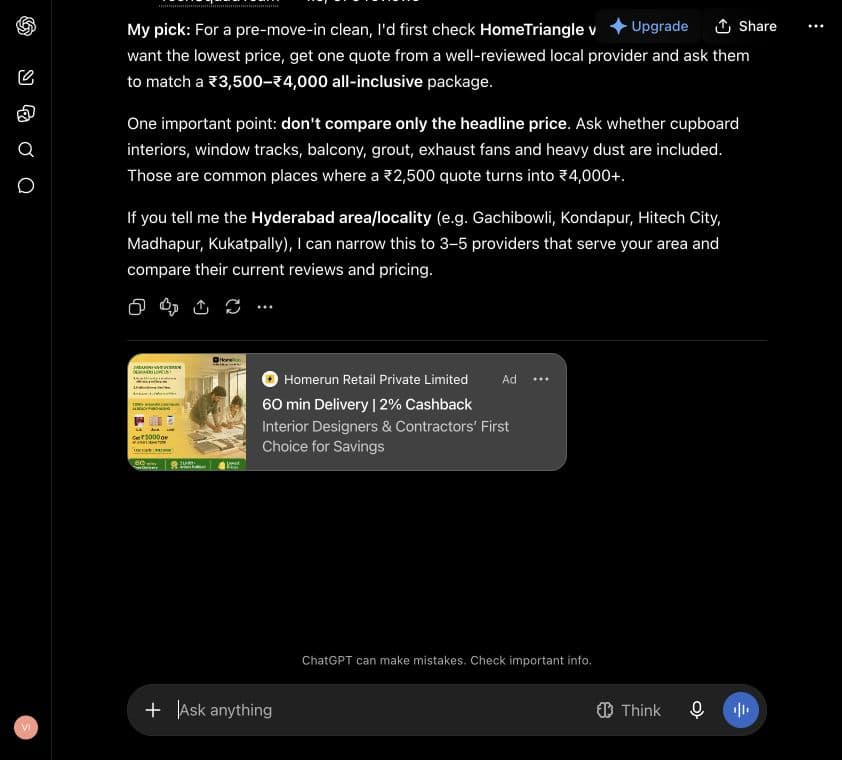 ChatGPT ad from Homerun Retail Private Limited: "6O min Delivery | 2% Cashback" shown below an answer to "I need a deep cleaning service for a two-bedroom apartment in Hyderabad before moving in. Compare providers, typical prices in rupees, and what is included."