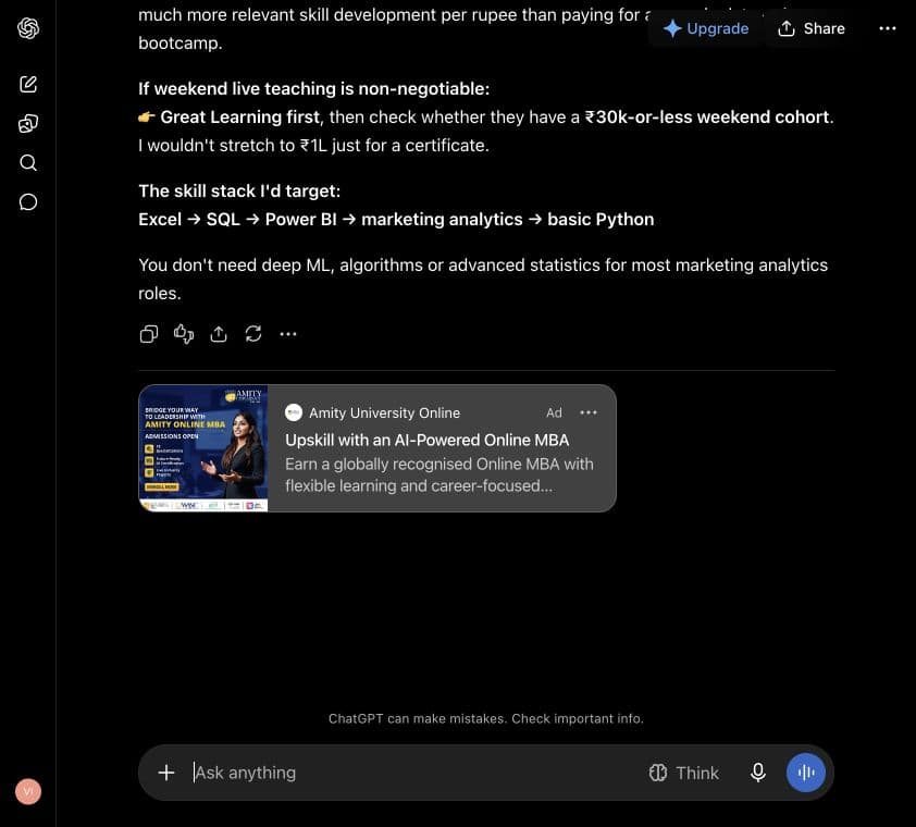 ChatGPT ad from Amity University Online: "Upskill with an AI-Powered Online MBA" shown below an answer to "Compare online data analytics courses available in India for a working marketing professional, budget ₹30000, with weekend classes and practical projects."