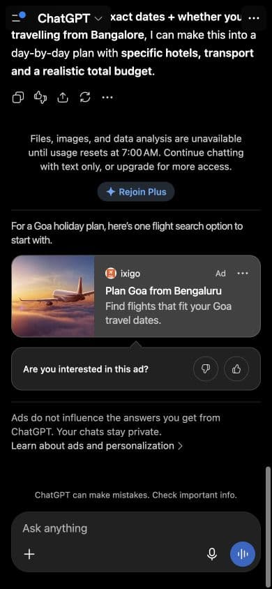 ChatGPT ad from ixigo: "Plan Goa from Bengaluru" shown below an answer to "What are good ways to plan a four-day holiday in Goa for two adults on a modest budget?"