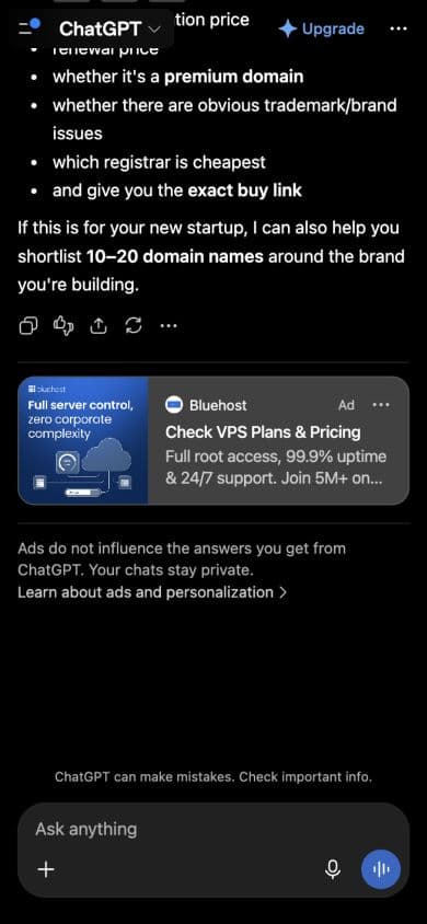 ChatGPT ad from Bluehost: "Check VPS Plans & Pricing" shown below an answer to "i want to buy domain"