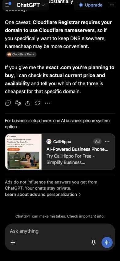 ChatGPT ad from CallHippo: "AI-Powered Business Phone System" shown below an answer to "Which has the lowest three-year cost for a .com including renewals and WHOIS privacy?"