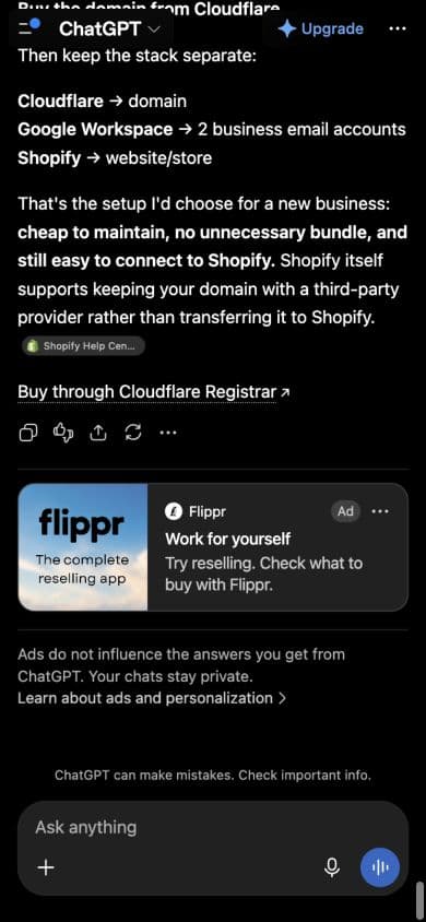 ChatGPT ad from Flippr: "Work for yourself" shown below an answer to "Give me a final shortlist of two providers with the main tradeoff for each."
