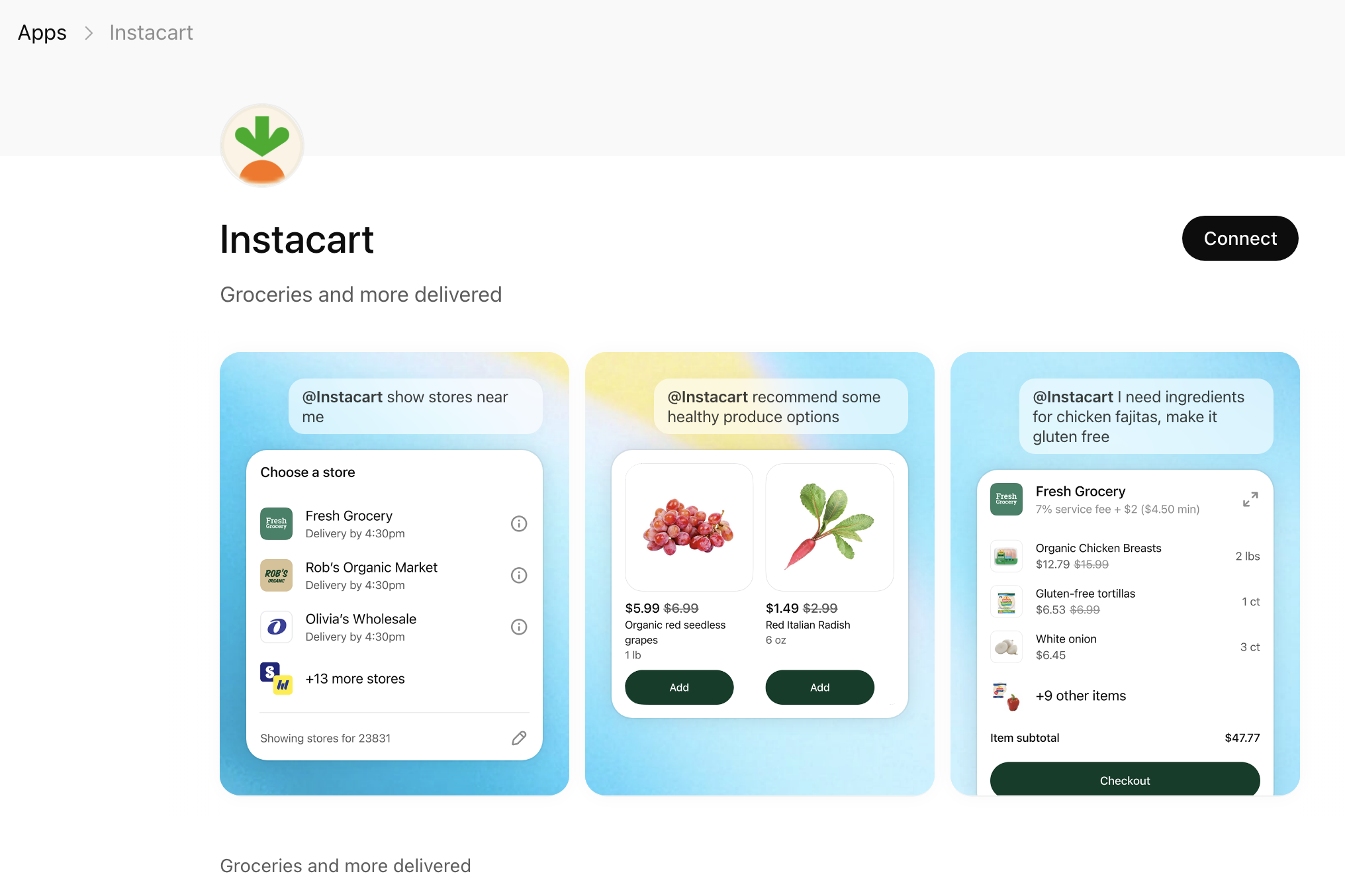 Instacart app on ChatGPT with product browsing and checkout