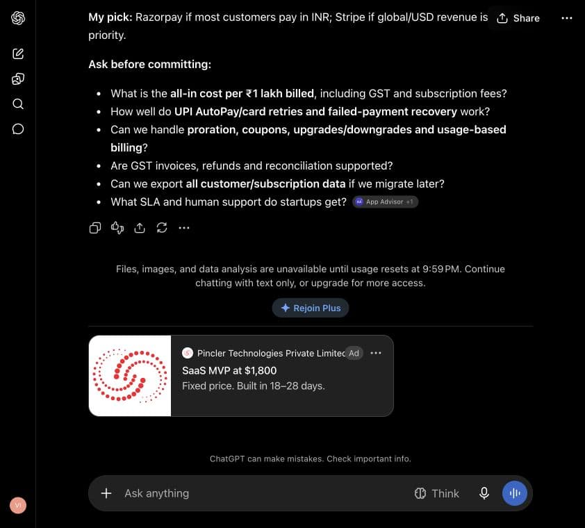 Pincler Technologies Private Limited ad: SaaS MVP at $1,800