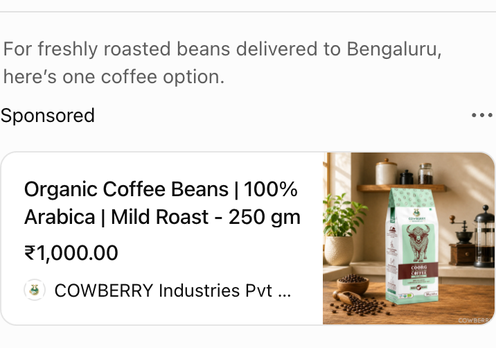 COWBERRY Industries Pvt Ltd ad: Organic Coffee Beans | 100% Arabica | Mild Roast - 250 gm