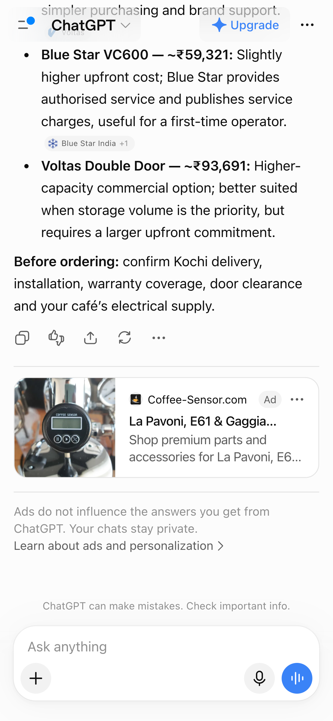 Coffee-Sensor.com ad: La Pavoni, E61 & Gaggia Upgrades
