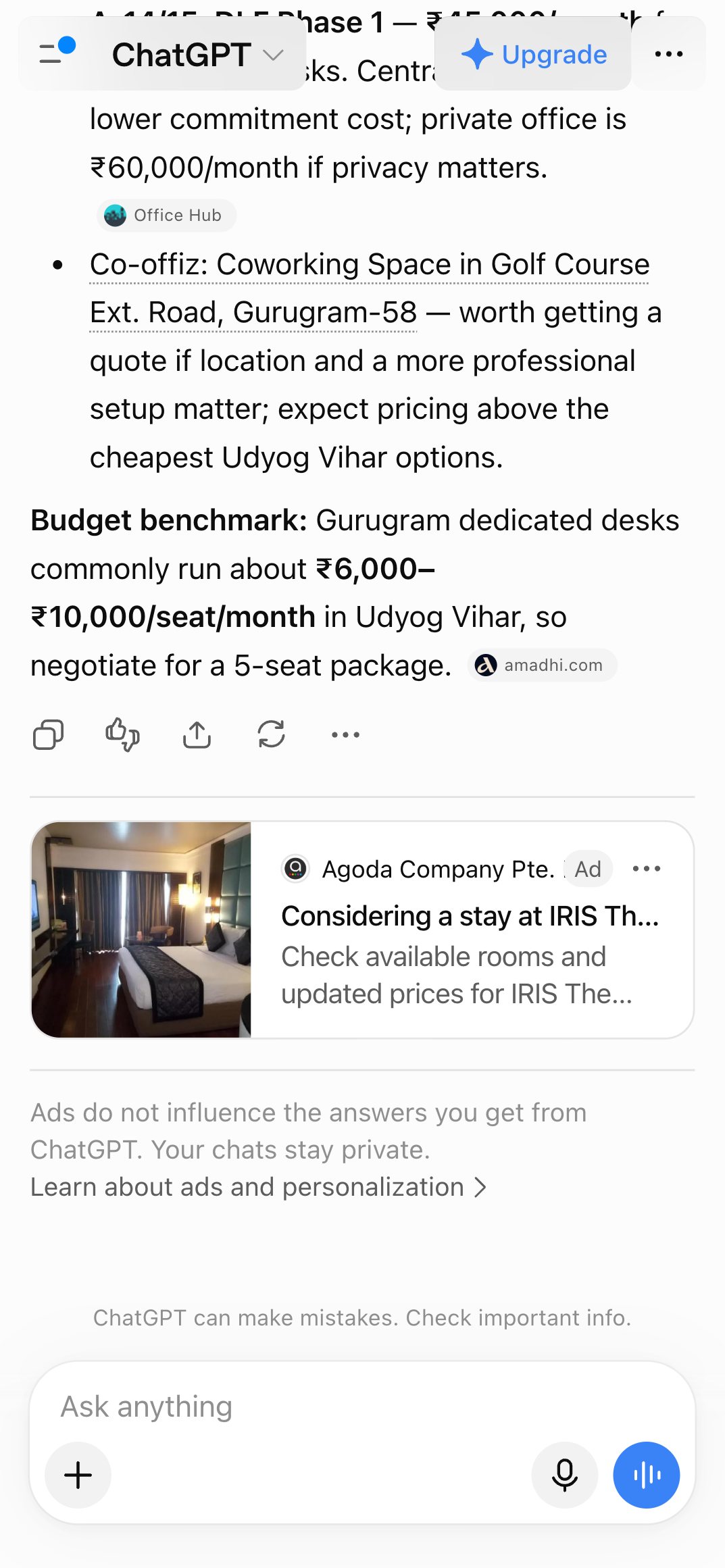 ChatGPT ad from Agoda Company Pte. Ltd.: Considering a stay at IRIS The Business Hotel?