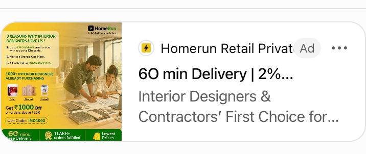 Homerun Retail Private Limited ad: 6O min Delivery | 2% Cashback