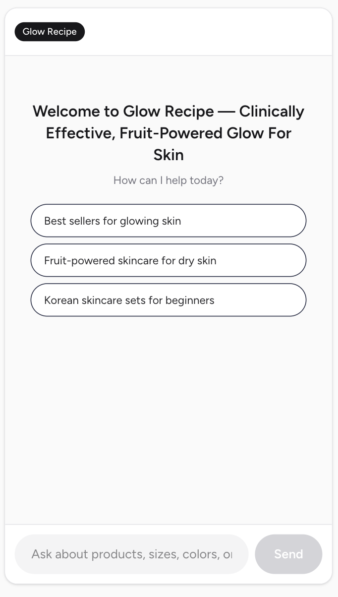 Tru Commerce AI shopping assistant for a beauty brand answering product questions in a branded chat interface