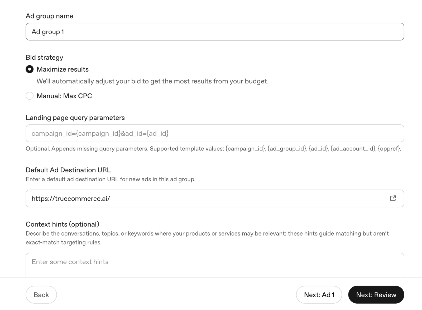 OpenAI Ads Manager ad group setup showing the context hints field, bid strategy, and destination URL