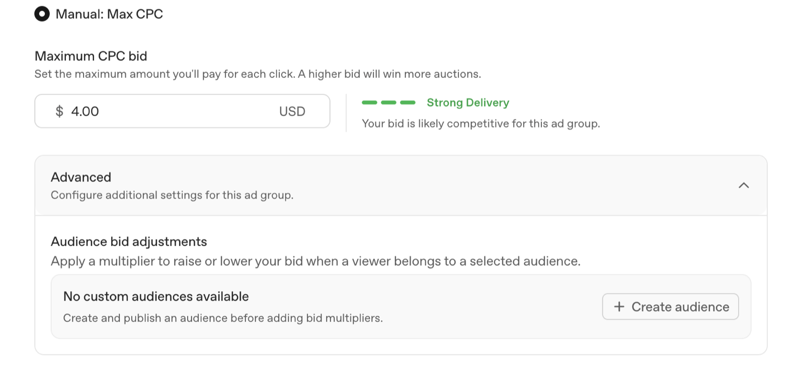 Manual Max CPC bid of $4 showing the green Strong Delivery indicator in OpenAI Ads Manager