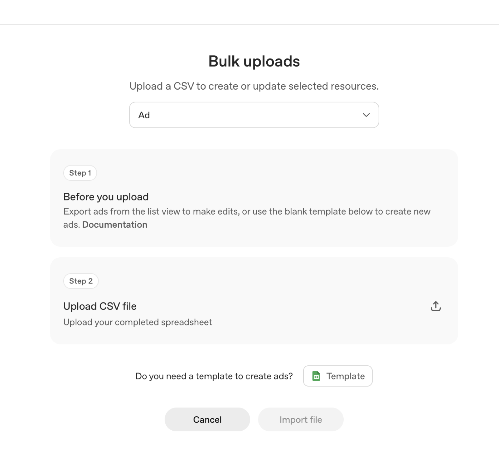 Bulk uploads screen in OpenAI Ads Manager for creating or updating ads from a CSV file