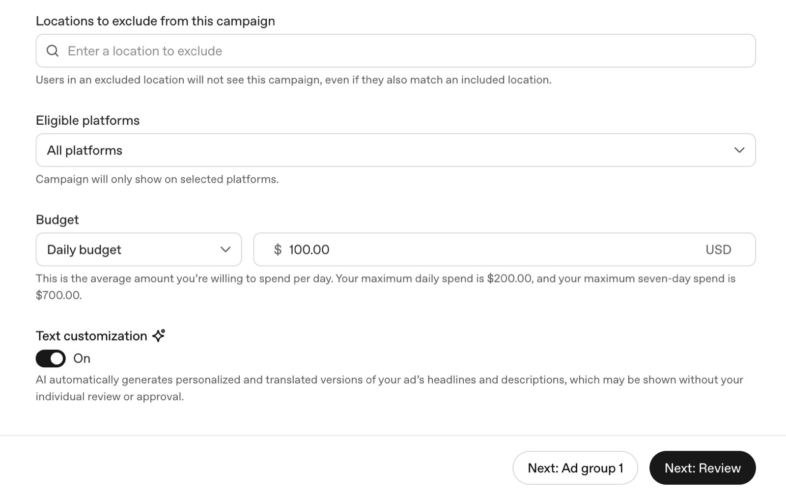 Campaign setup screen in OpenAI Ads Manager showing daily budget entry and platform placement options