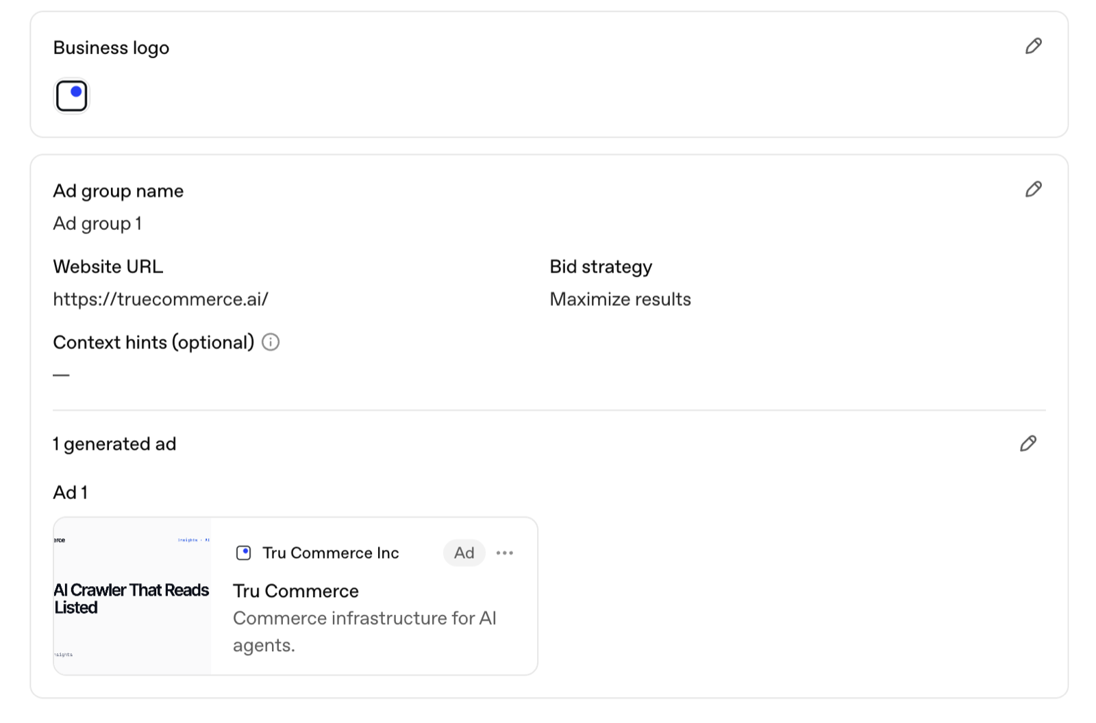Campaign review screen in OpenAI Ads Manager showing business logo, ad group summary, and a generated ad preview
